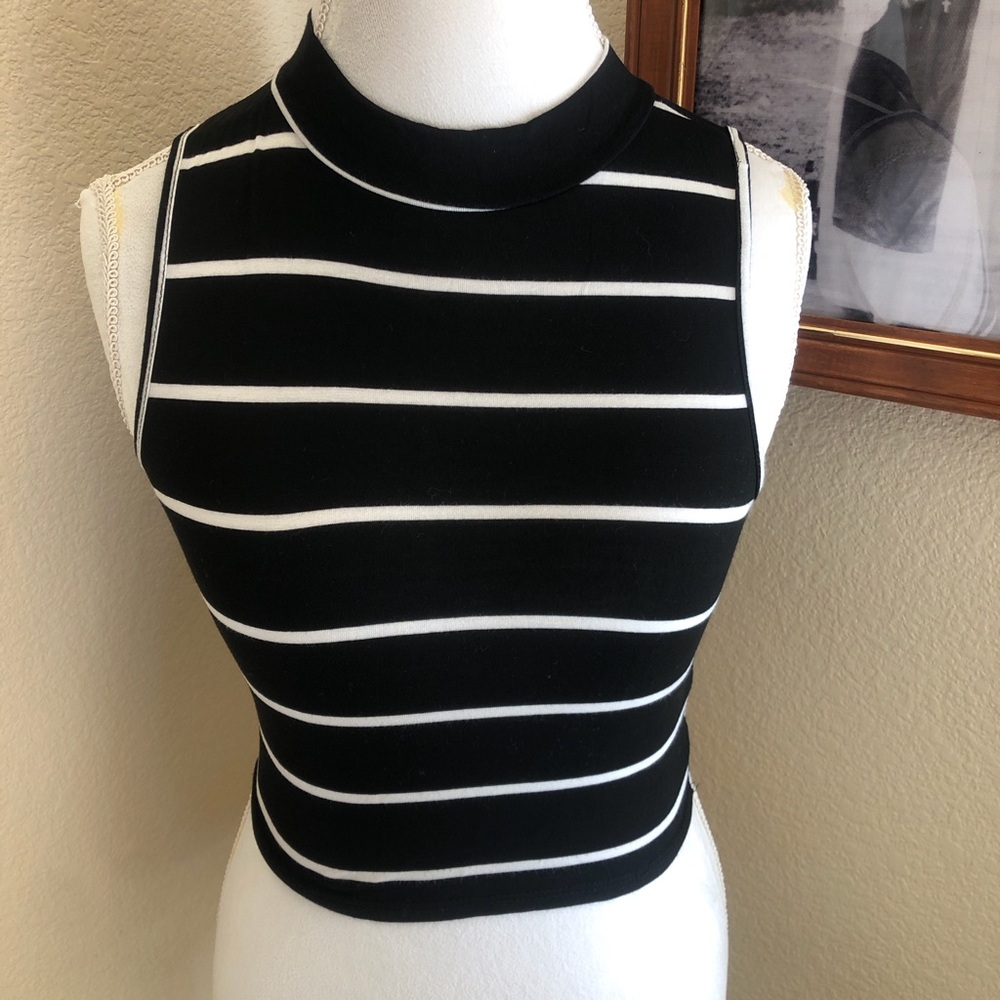 Acemi Black and White Striped Sleeveless Mock Neck Crop Tank